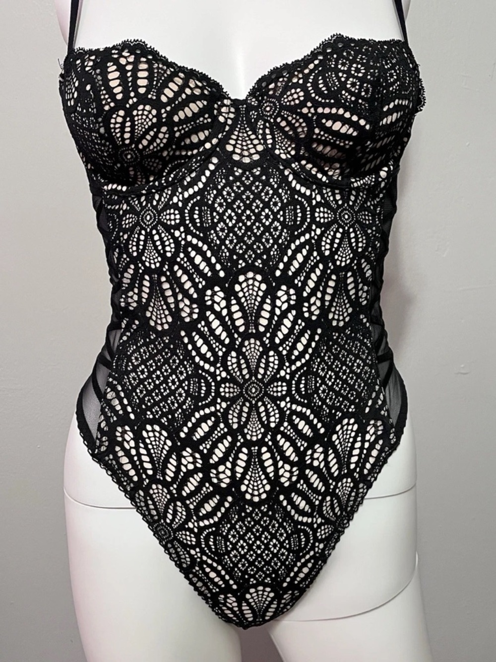 Black Lace Crochet One-Piece Bodysuit